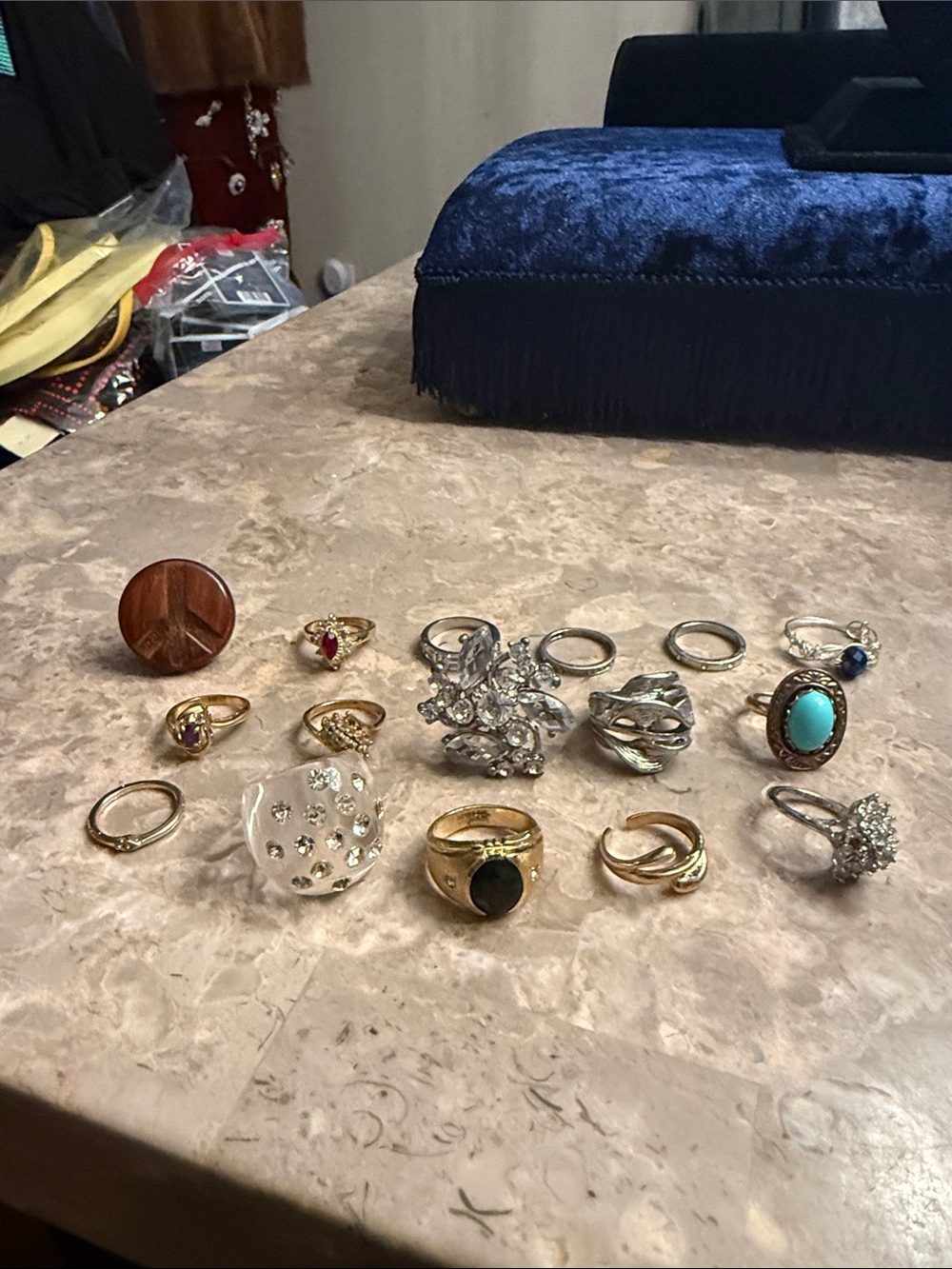 Vintage lot of 16 unique, fun rings, silver, and gold tone some marked 40-80s